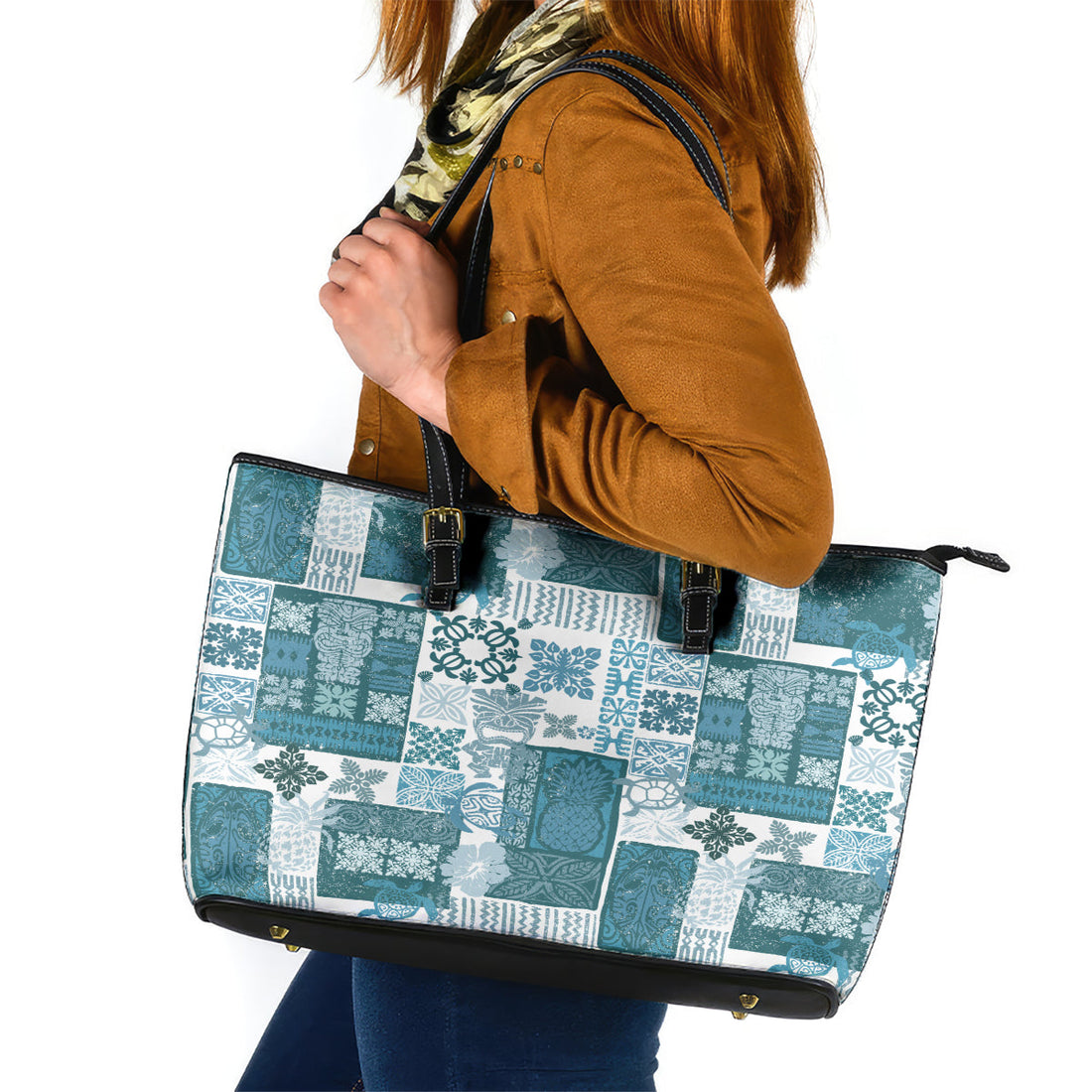 Hawaiian Quilt Leather Tote Bag Tiki Tropical Retro Dark Cyan Version LT14