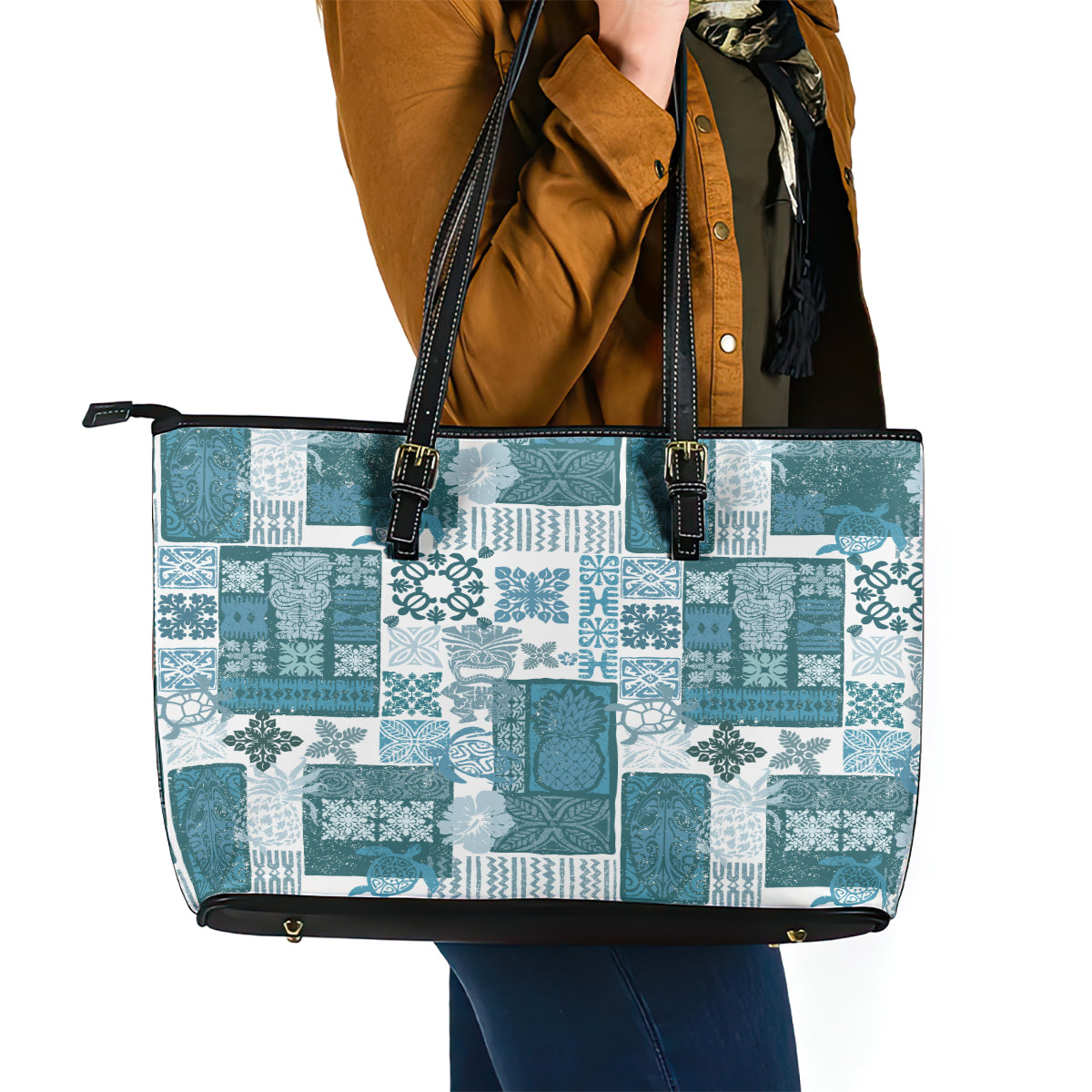 Hawaiian Quilt Leather Tote Bag Tiki Tropical Retro Dark Cyan Version LT14