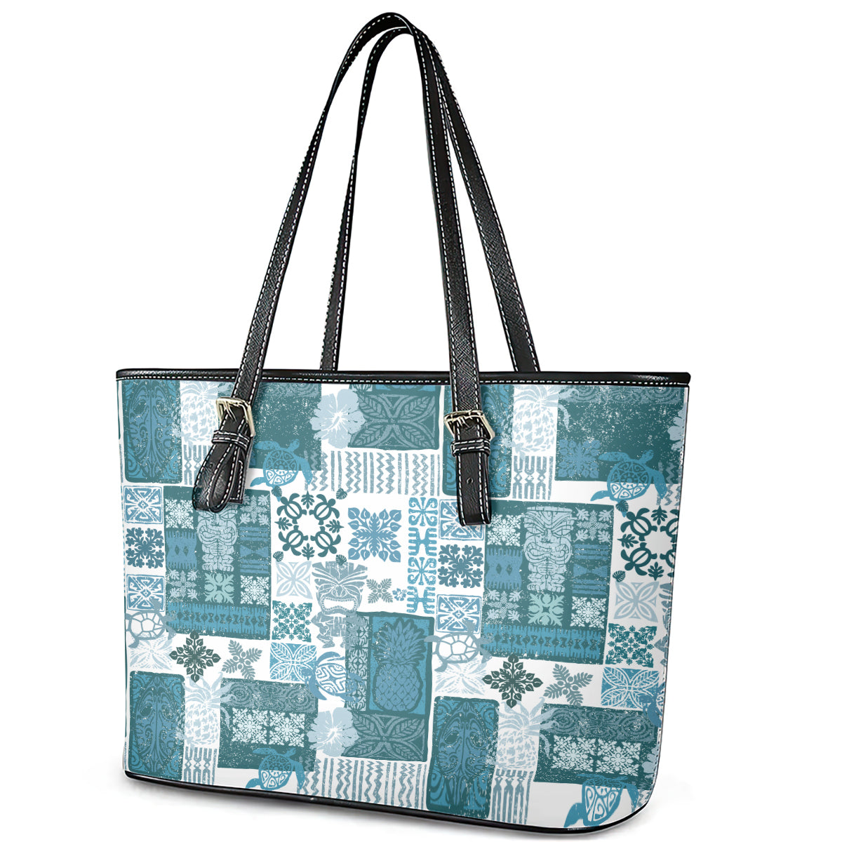 Hawaiian Quilt Leather Tote Bag Tiki Tropical Retro Dark Cyan Version LT14