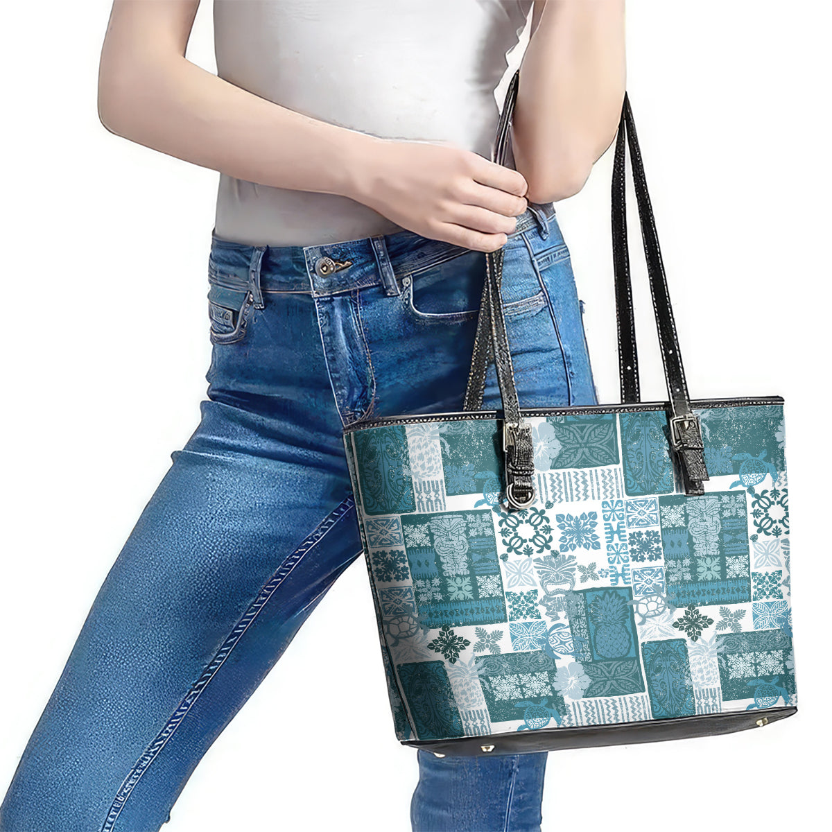 Hawaiian Quilt Leather Tote Bag Tiki Tropical Retro Dark Cyan Version LT14