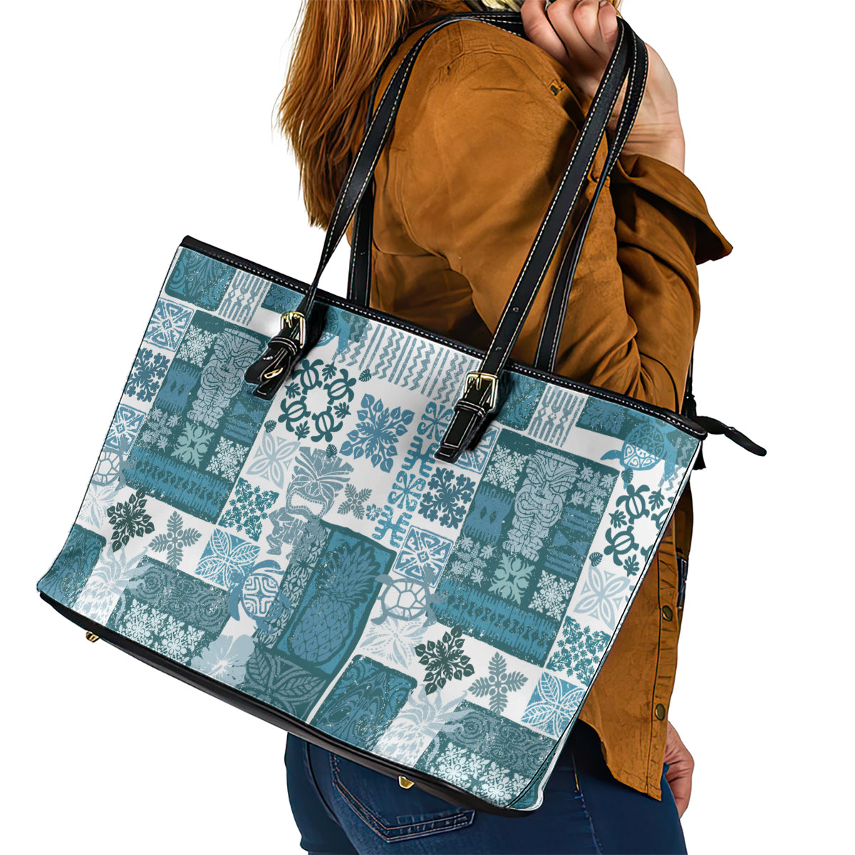 Hawaiian Quilt Leather Tote Bag Tiki Tropical Retro Dark Cyan Version LT14