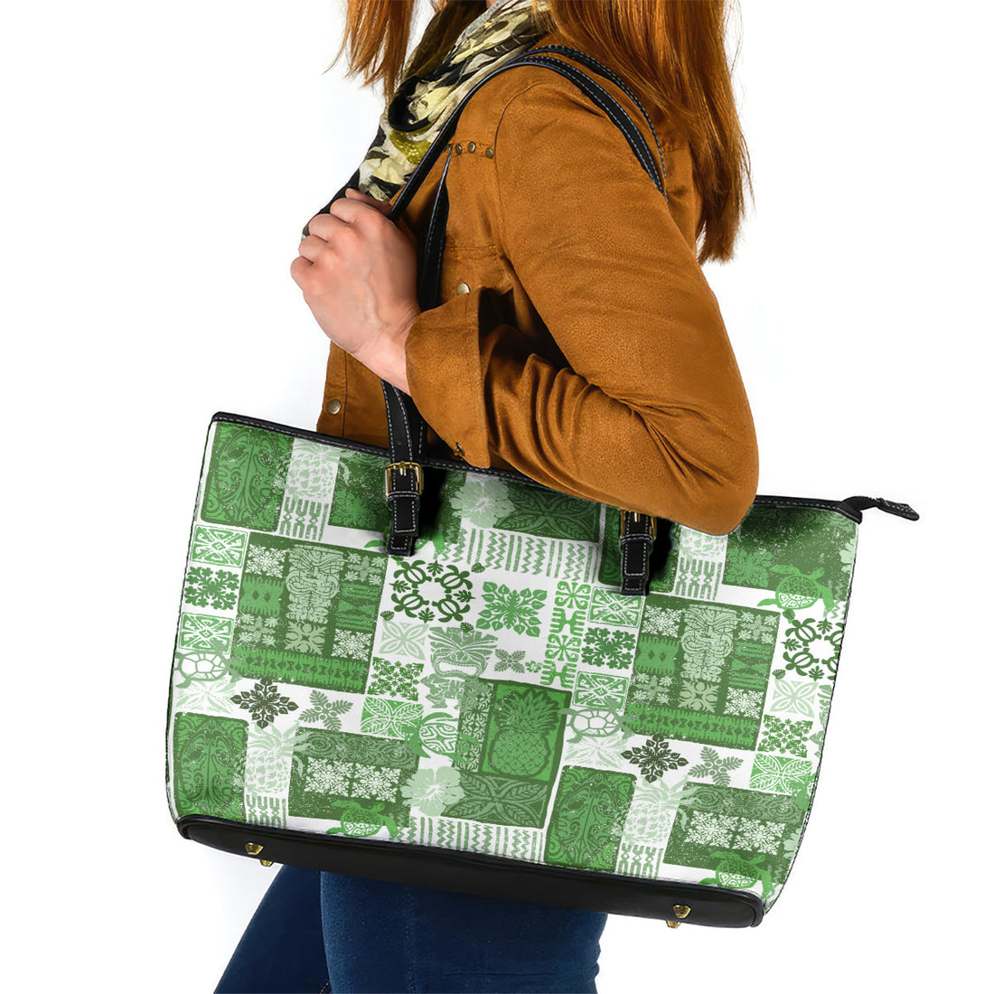 Hawaiian Quilt Leather Tote Bag Tiki Tropical Retro Green Version LT14