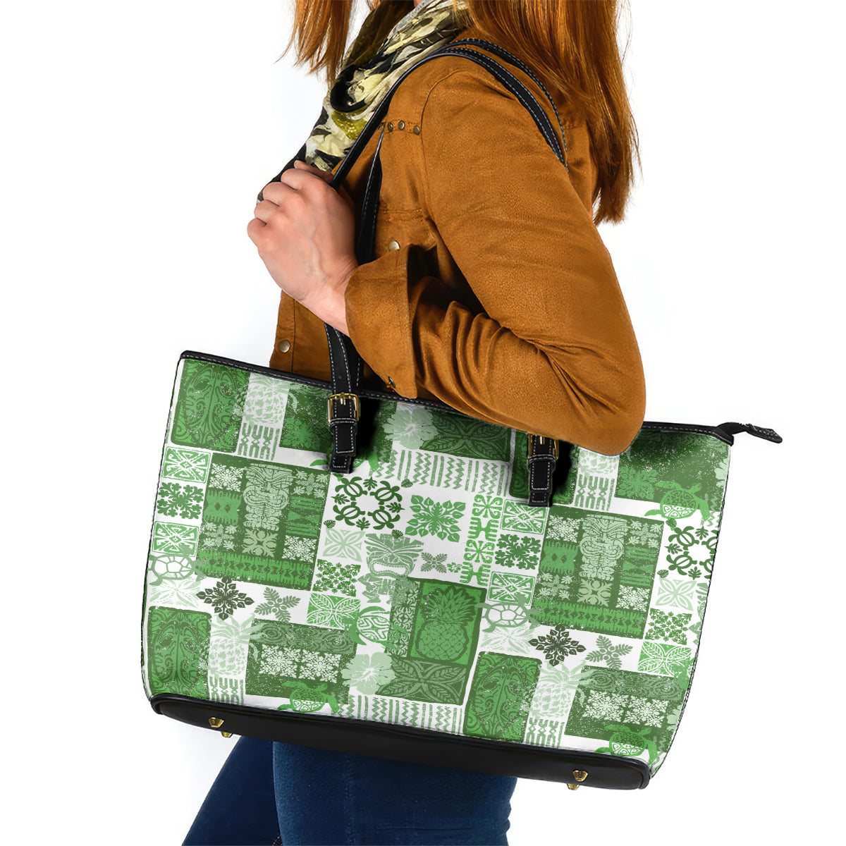 Hawaiian Quilt Leather Tote Bag Tiki Tropical Retro Green Version LT14