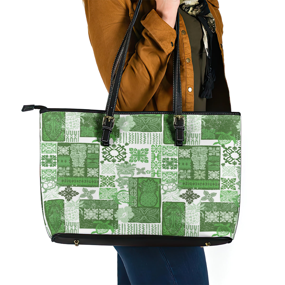 Hawaiian Quilt Leather Tote Bag Tiki Tropical Retro Green Version LT14