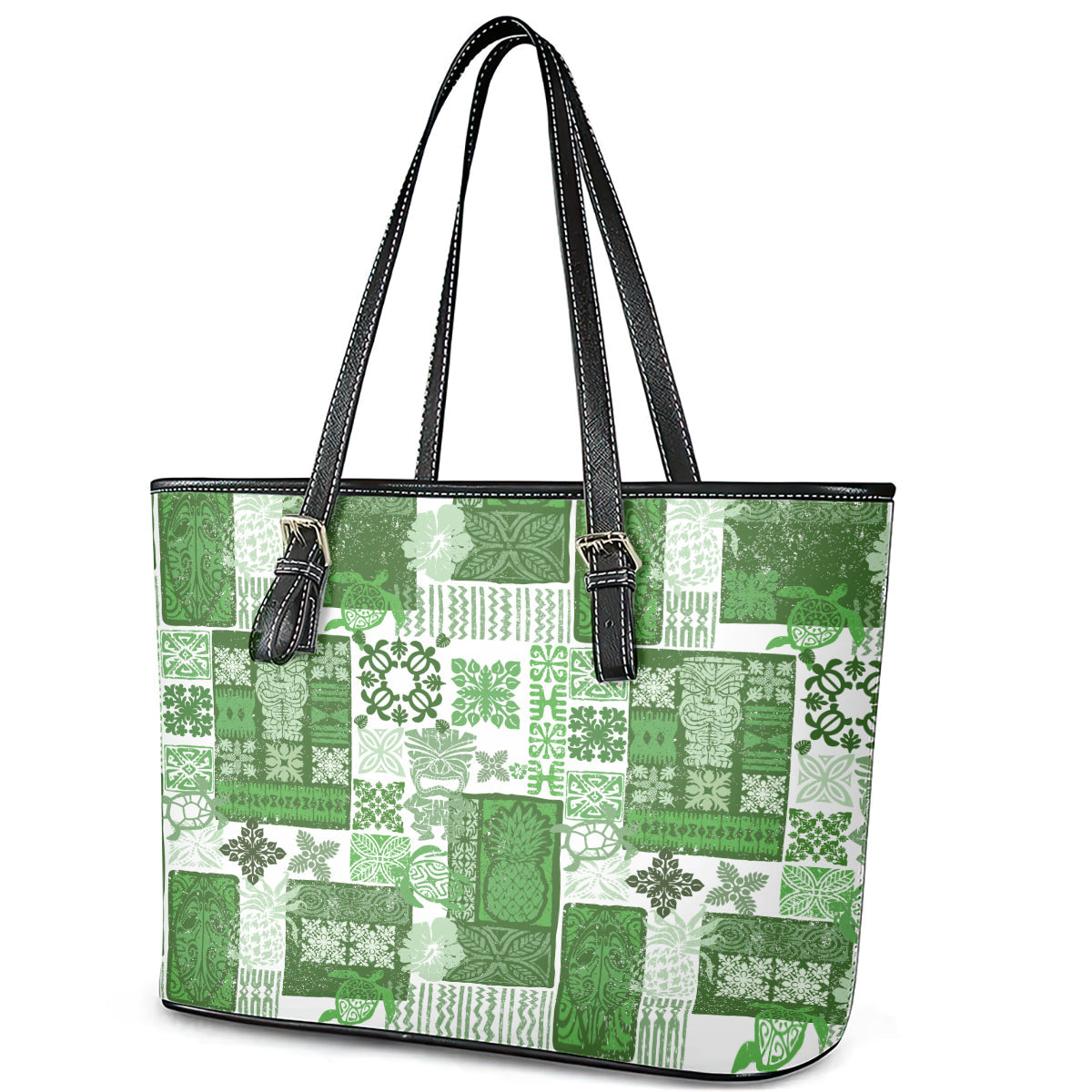 Hawaiian Quilt Leather Tote Bag Tiki Tropical Retro Green Version LT14