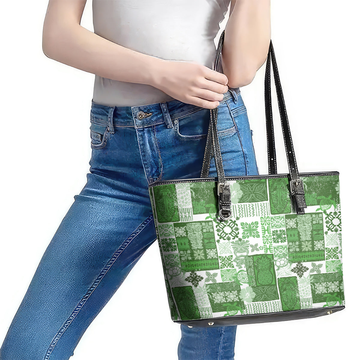 Hawaiian Quilt Leather Tote Bag Tiki Tropical Retro Green Version LT14