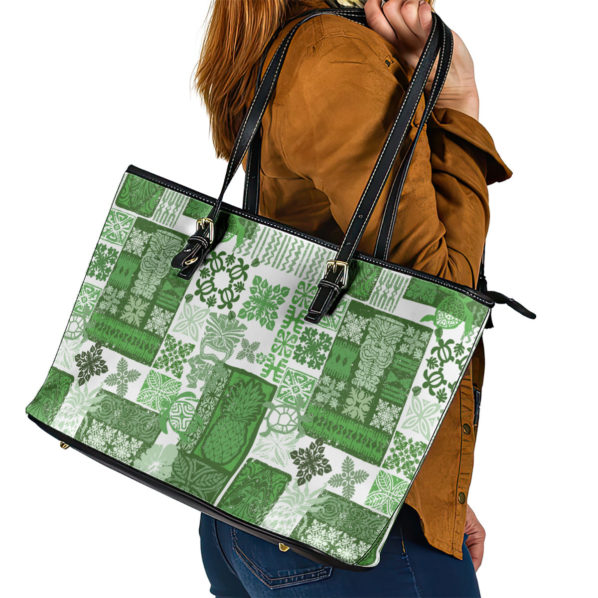 Hawaiian Quilt Leather Tote Bag Tiki Tropical Retro Green Version LT14