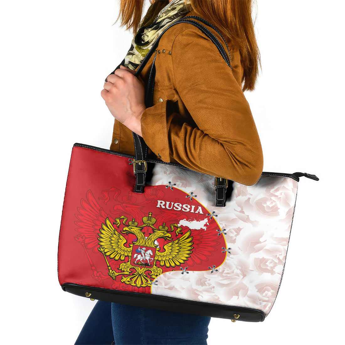 Russia Independence Day Leather Tote Bag Coat Of Arms With Map LT14