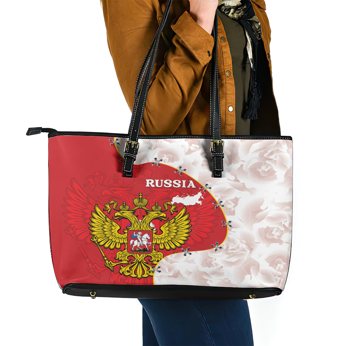 Russia Independence Day Leather Tote Bag Coat Of Arms With Map LT14