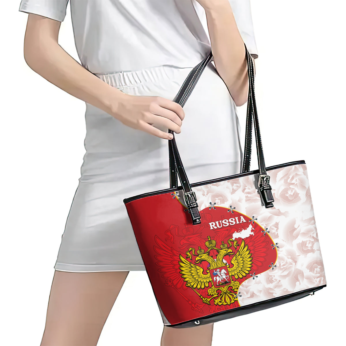 Russia Independence Day Leather Tote Bag Coat Of Arms With Map LT14