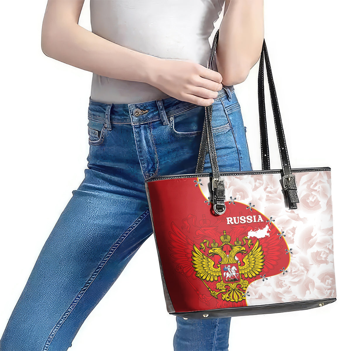 Russia Independence Day Leather Tote Bag Coat Of Arms With Map LT14