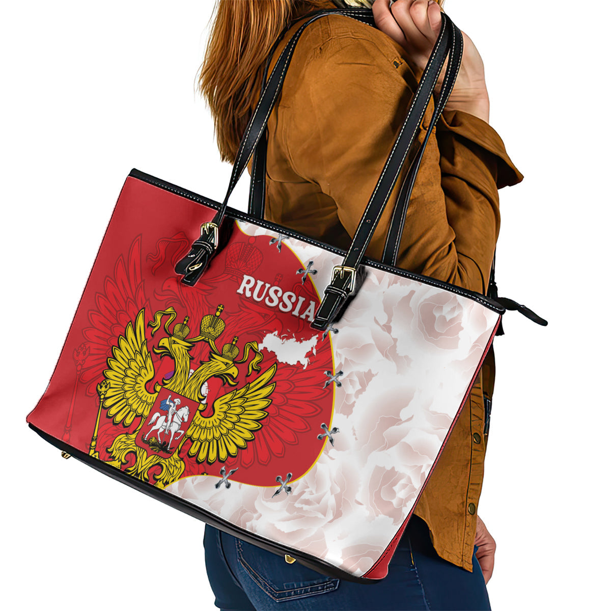 Russia Independence Day Leather Tote Bag Coat Of Arms With Map LT14