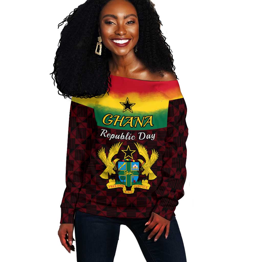 Personalised 1 July Ghana Republic Day Off Shoulder Sweater African Pattern Mix Flag Unique Style LT14