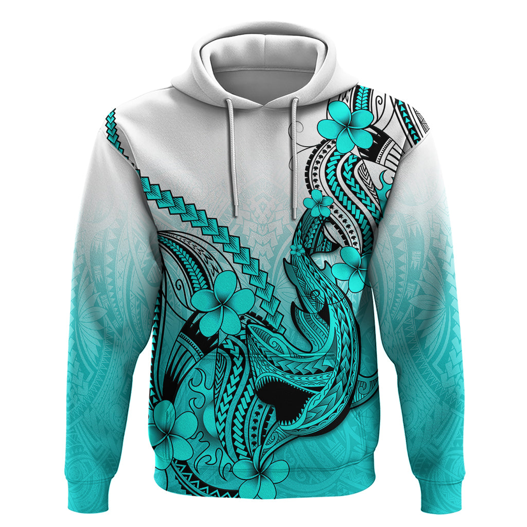 Hawaii Hoodie Polynesian Shark Tattoo With Plumeria Turquoise Gradient LT14
