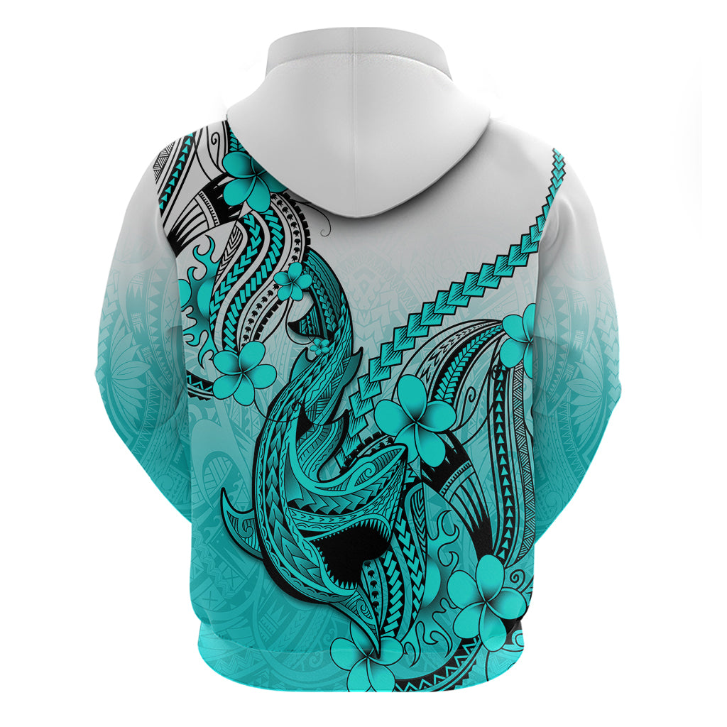 Hawaii Hoodie Polynesian Shark Tattoo With Plumeria Turquoise Gradient LT14
