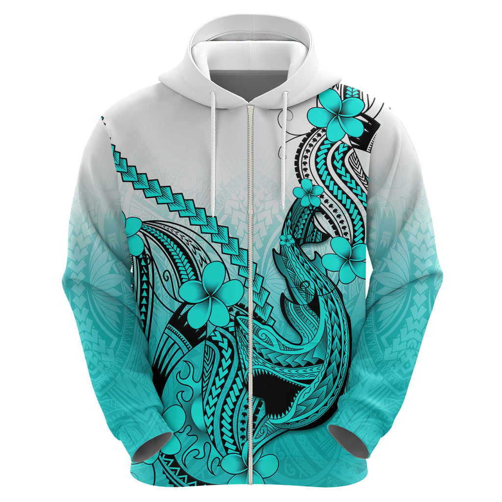 Hawaii Hoodie Polynesian Shark Tattoo With Plumeria Turquoise Gradient LT14