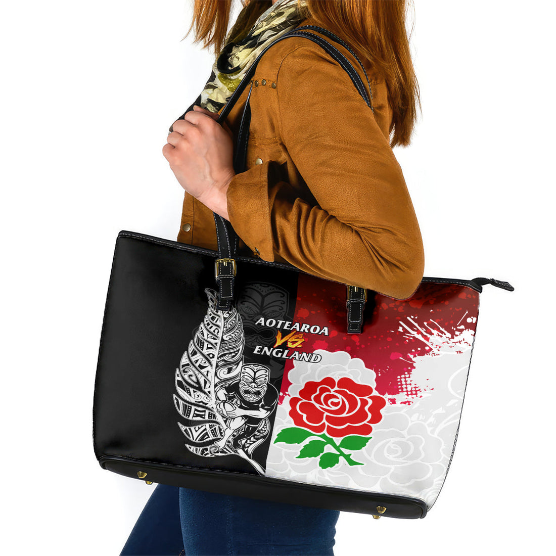New Zealand And England Rugby Leather Tote Bag 2023 World Cup All Black Combine Red Roses LT14