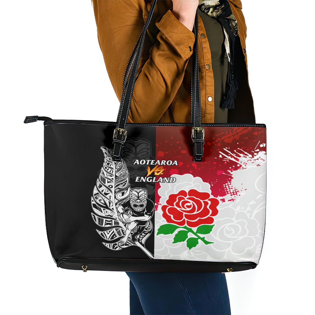 New Zealand And England Rugby Leather Tote Bag 2023 World Cup All Black Combine Red Roses LT14