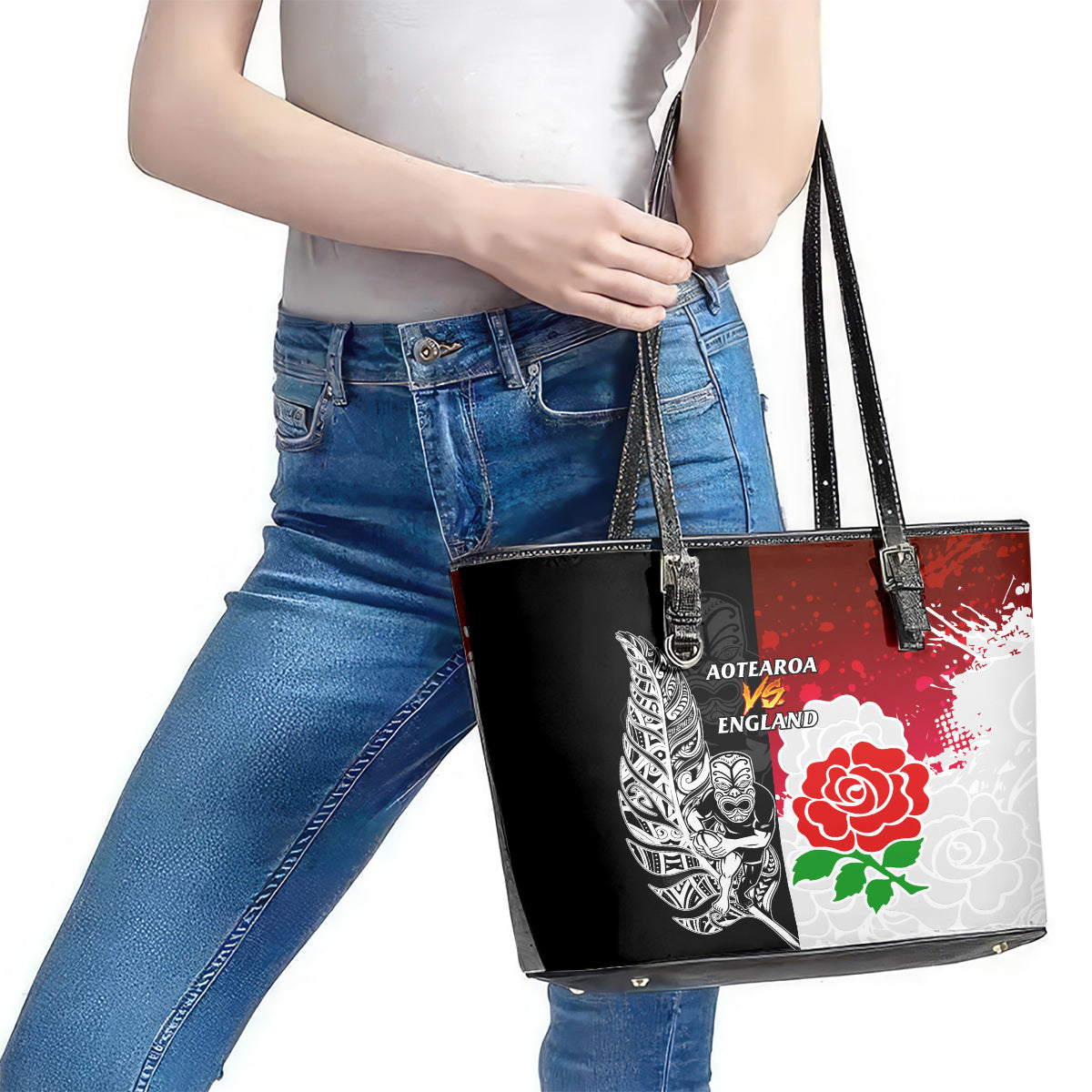 New Zealand And England Rugby Leather Tote Bag 2023 World Cup All Black Combine Red Roses LT14