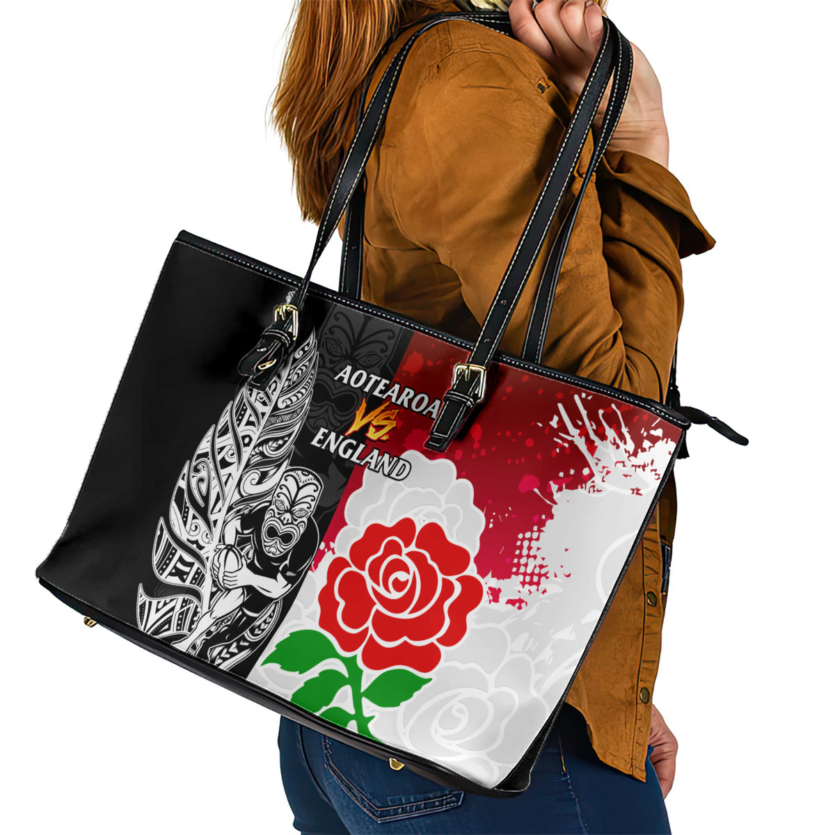 New Zealand And England Rugby Leather Tote Bag 2023 World Cup All Black Combine Red Roses LT14