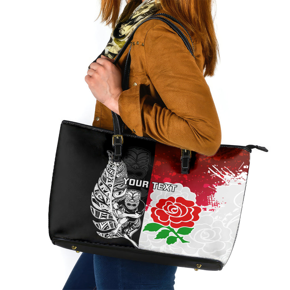 Custom New Zealand And England Rugby Leather Tote Bag 2023 World Cup All Black Combine Red Roses LT14