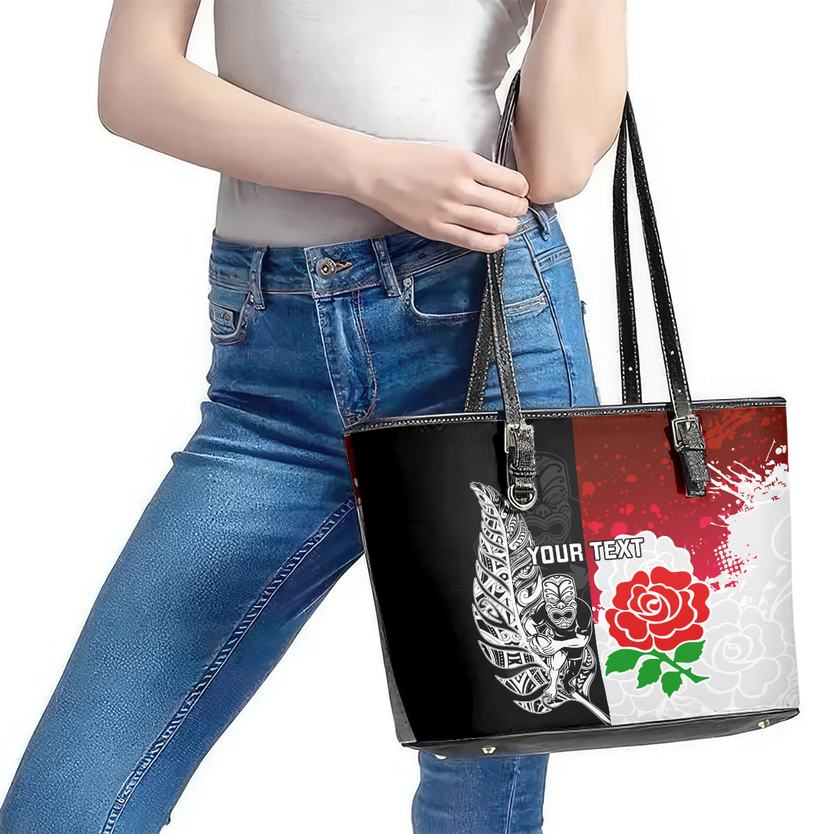 Custom New Zealand And England Rugby Leather Tote Bag 2023 World Cup All Black Combine Red Roses LT14