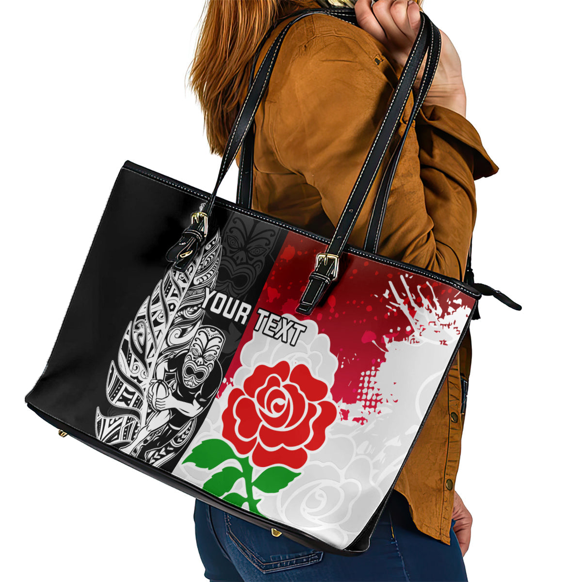 Custom New Zealand And England Rugby Leather Tote Bag 2023 World Cup All Black Combine Red Roses LT14