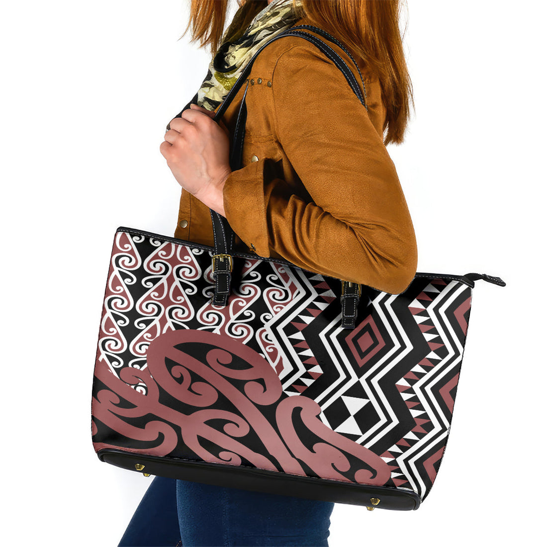 New Zealand Leather Tote Bag Aotearoa Kowhaiwhai Mix Taniko Art LT14