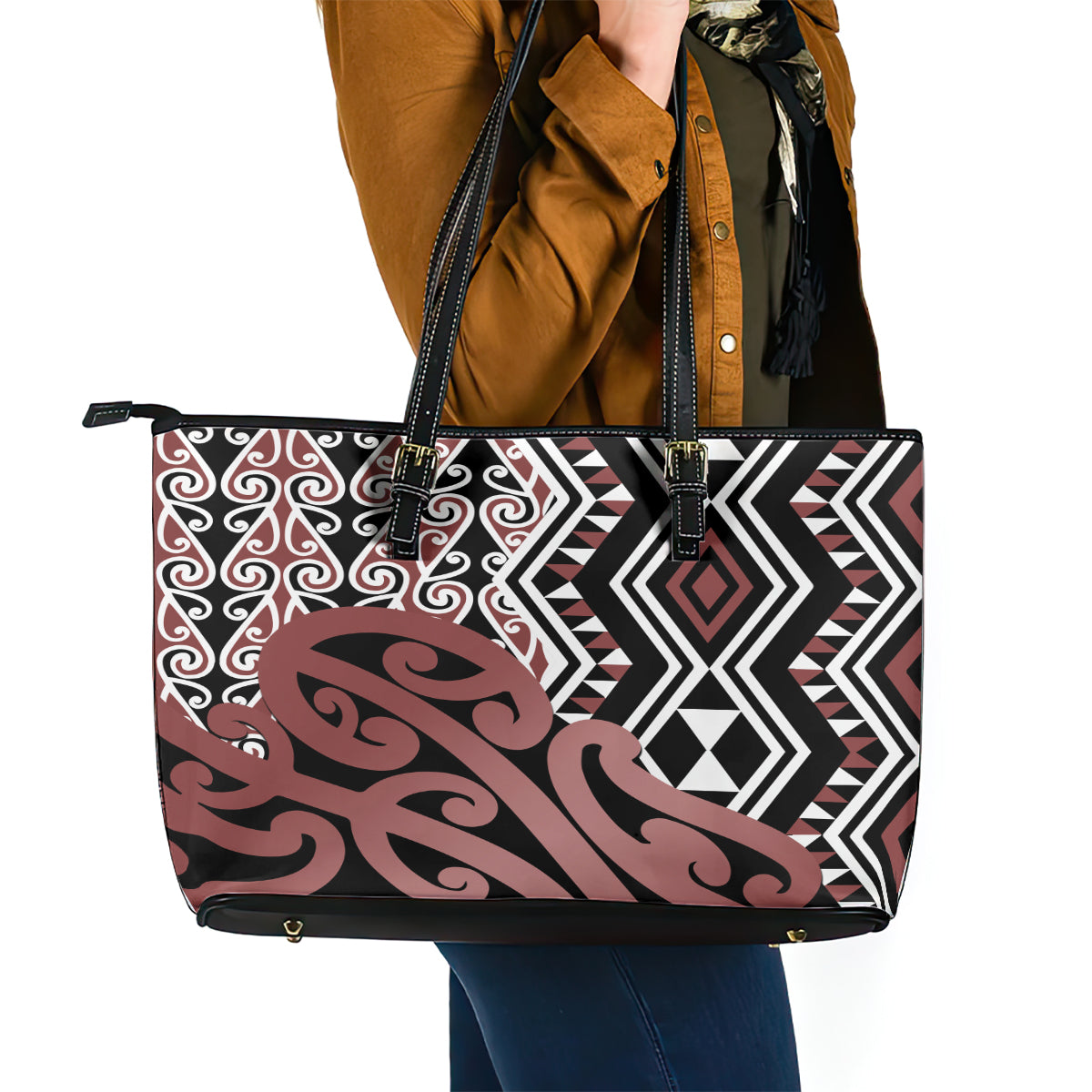 New Zealand Leather Tote Bag Aotearoa Kowhaiwhai Mix Taniko Art LT14