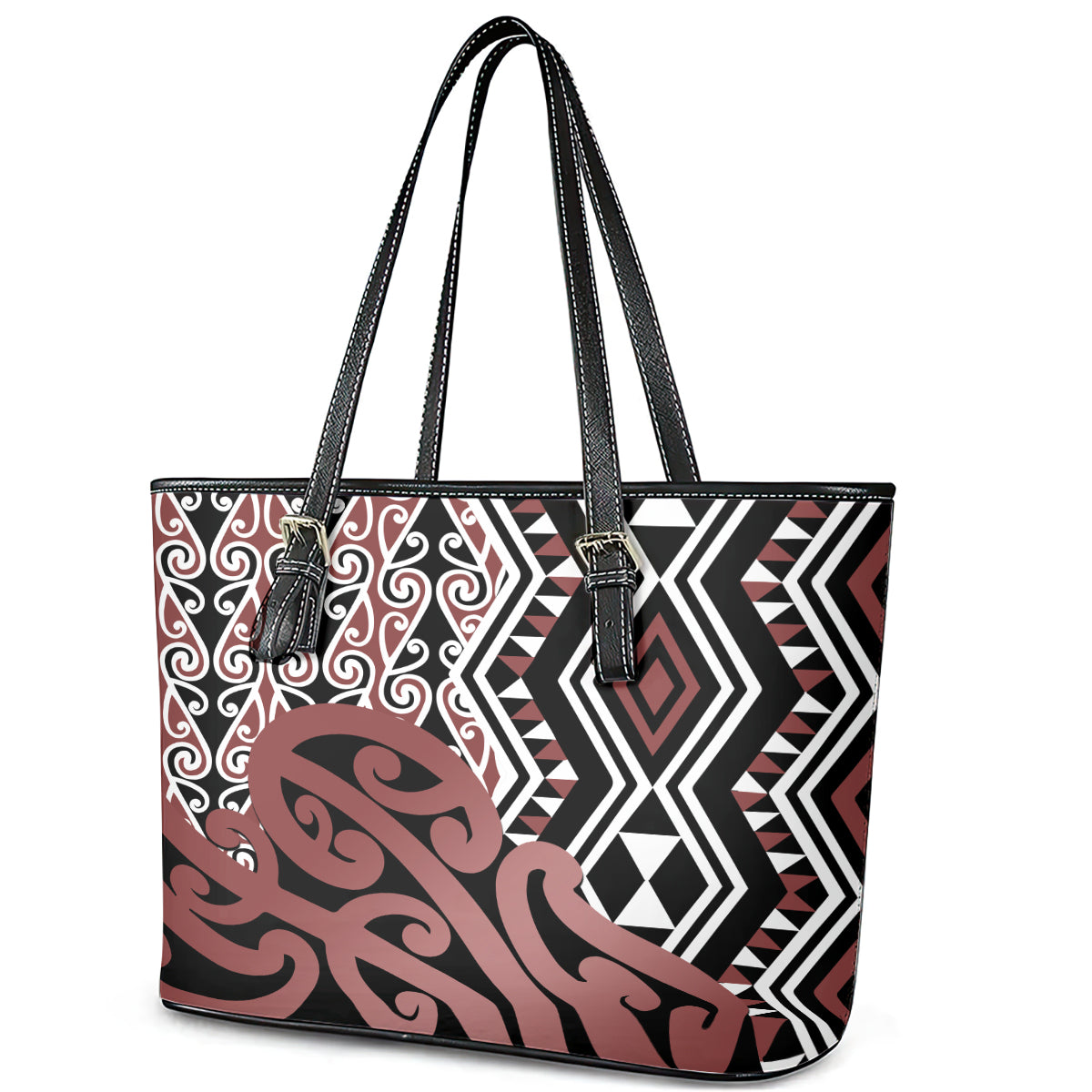 New Zealand Leather Tote Bag Aotearoa Kowhaiwhai Mix Taniko Art LT14