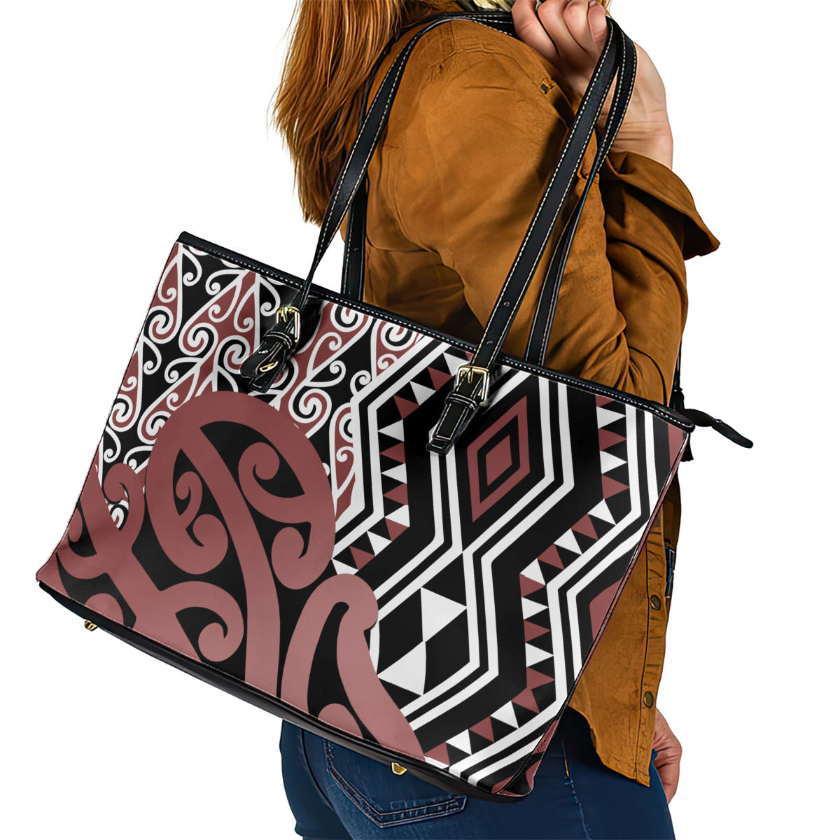 New Zealand Leather Tote Bag Aotearoa Kowhaiwhai Mix Taniko Art LT14