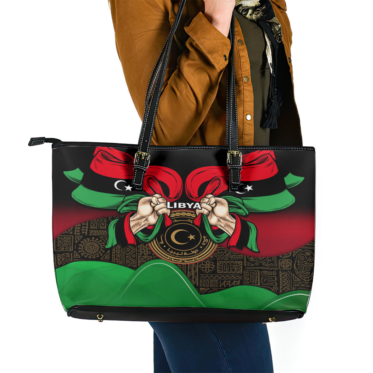 Libya Independence Day Leather Tote Bag Happy 24 December African Pattern Flag Style LT14
