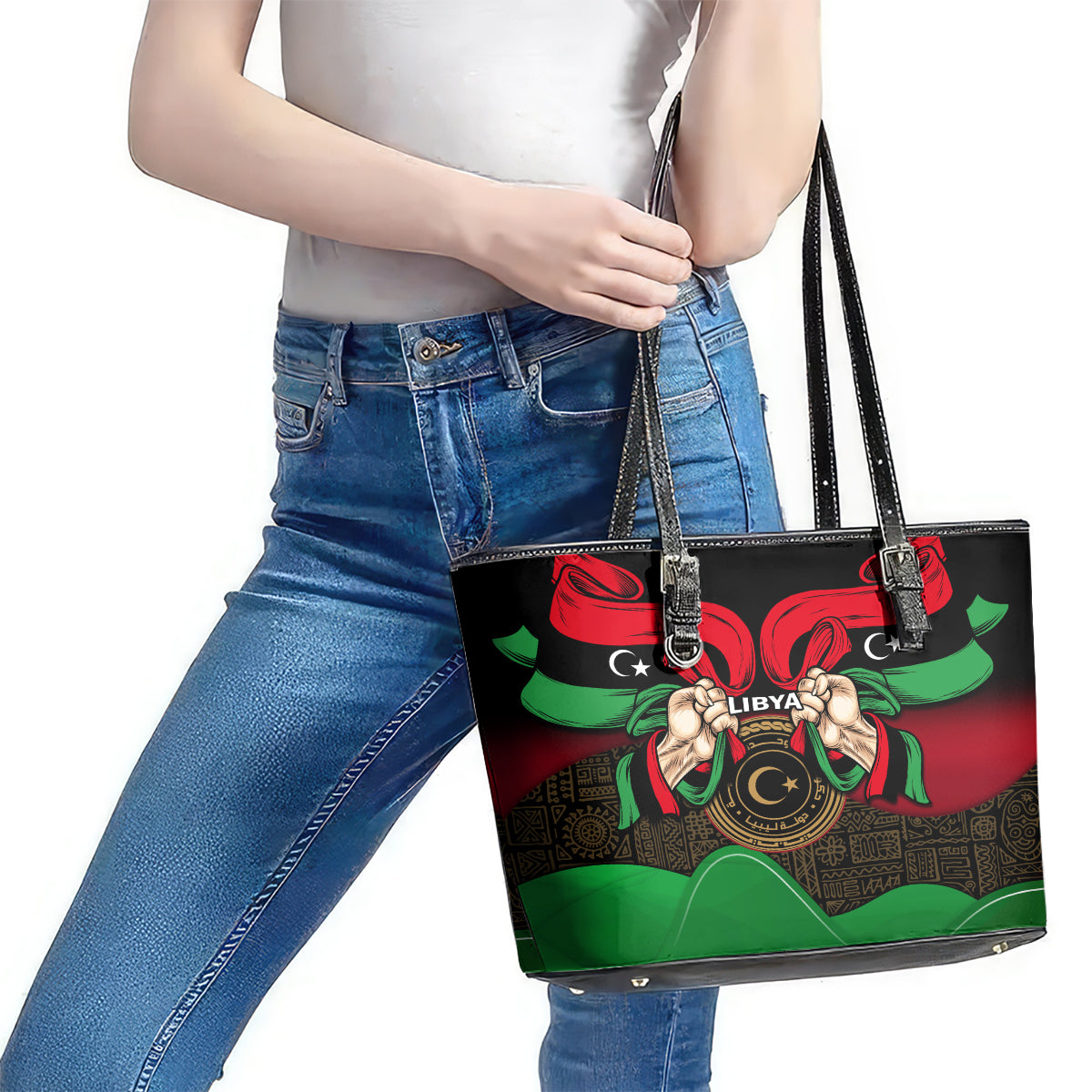Libya Independence Day Leather Tote Bag Happy 24 December African Pattern Flag Style LT14