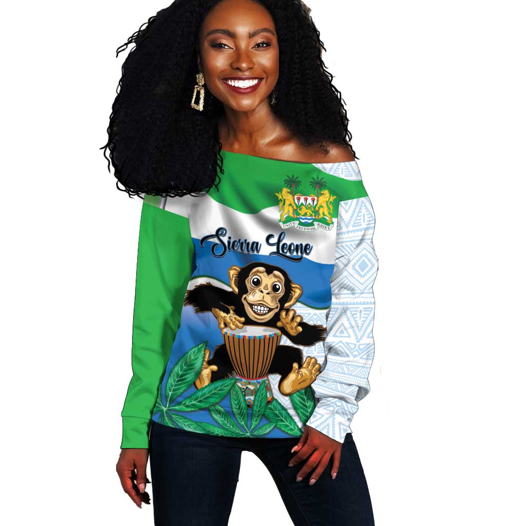 Personalised Afro Sierra Leone Off Shoulder Sweater Chimp With Drum - Happy Independence Day LT14
