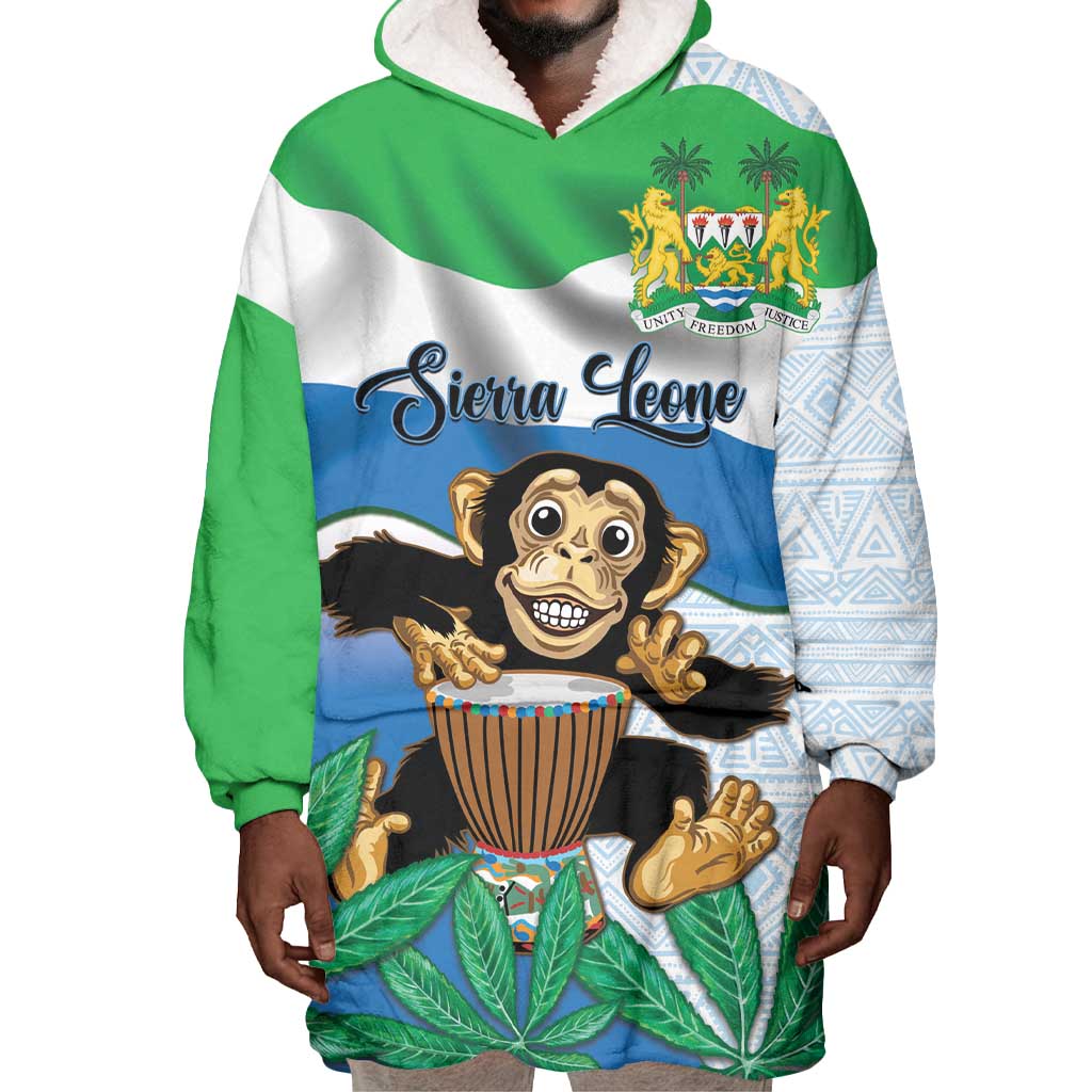 Personalised Afro Sierra Leone Wearable Blanket Hoodie Chimp With Drum - Happy Independence Day LT14