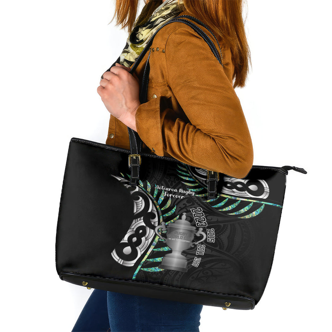 Personalised New Zealand Silver Fern Rugby Leather Tote Bag Paua Shell With Champions Trophy History NZ Forever LT14
