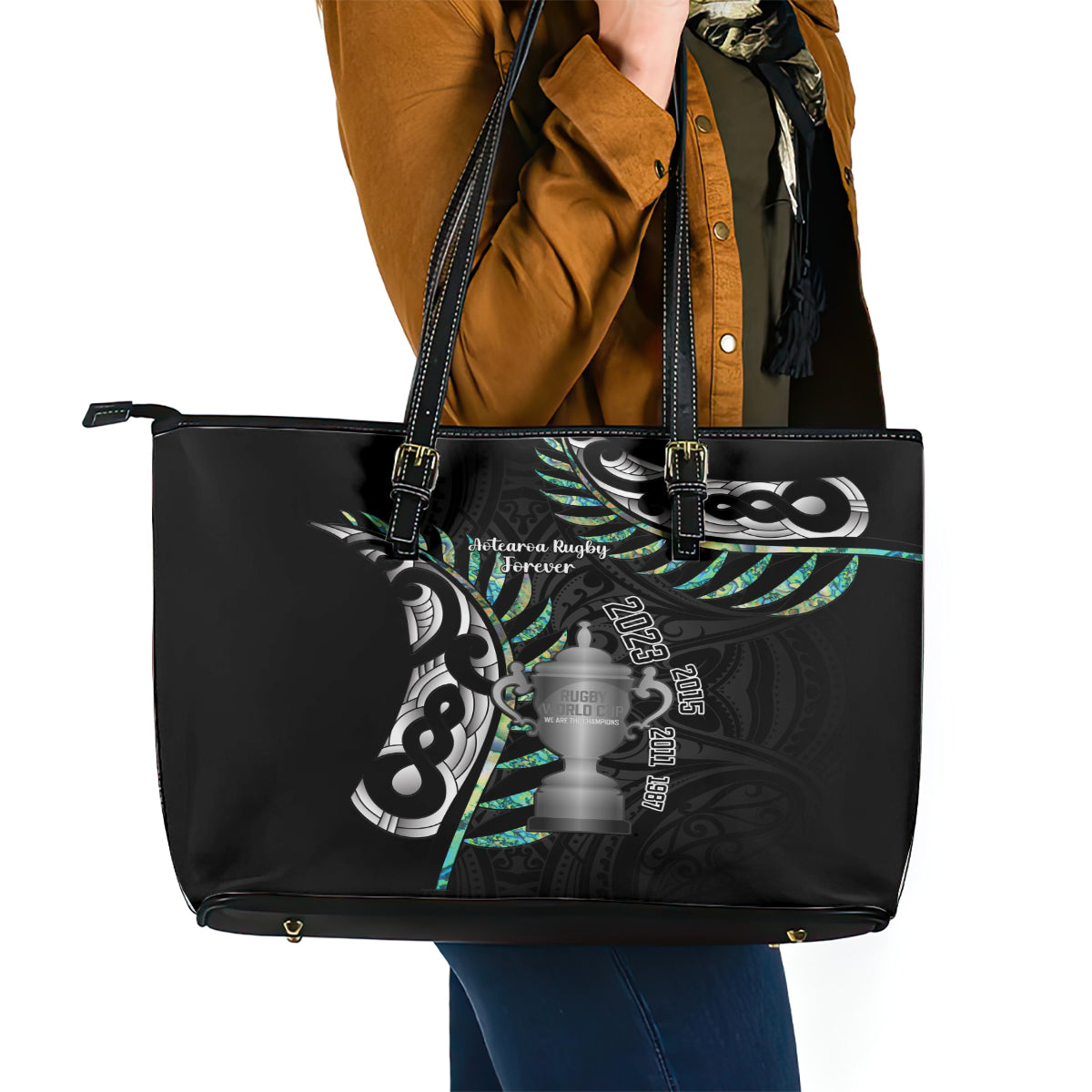 Personalised New Zealand Silver Fern Rugby Leather Tote Bag Paua Shell With Champions Trophy History NZ Forever LT14
