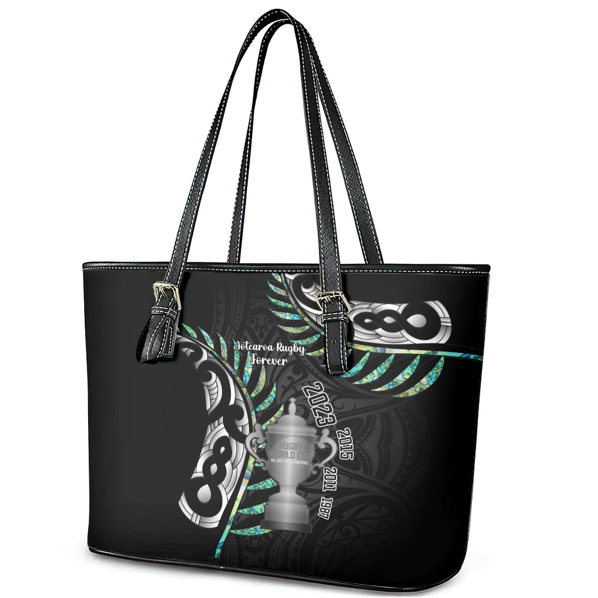 Personalised New Zealand Silver Fern Rugby Leather Tote Bag Paua Shell With Champions Trophy History NZ Forever LT14