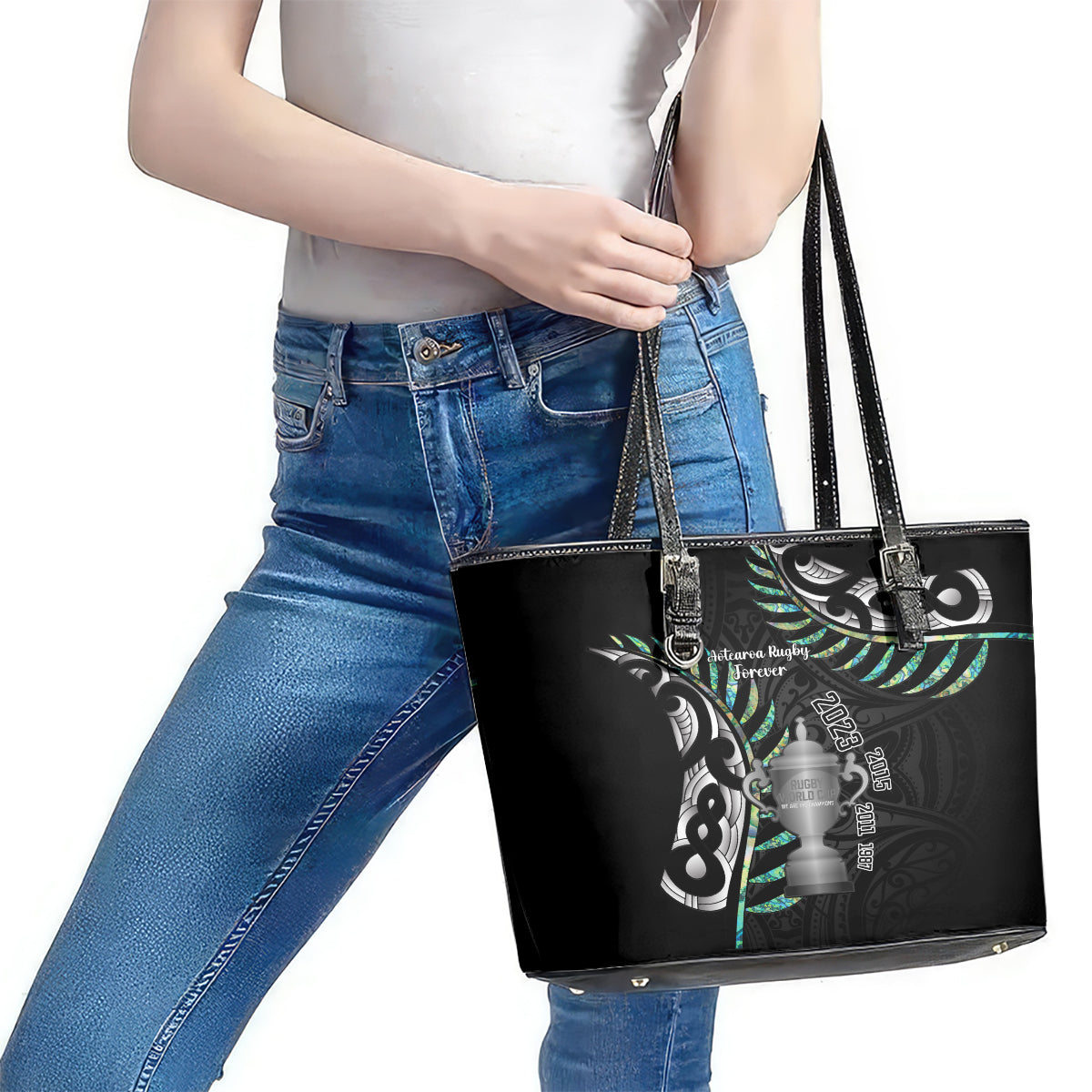 Personalised New Zealand Silver Fern Rugby Leather Tote Bag Paua Shell With Champions Trophy History NZ Forever LT14