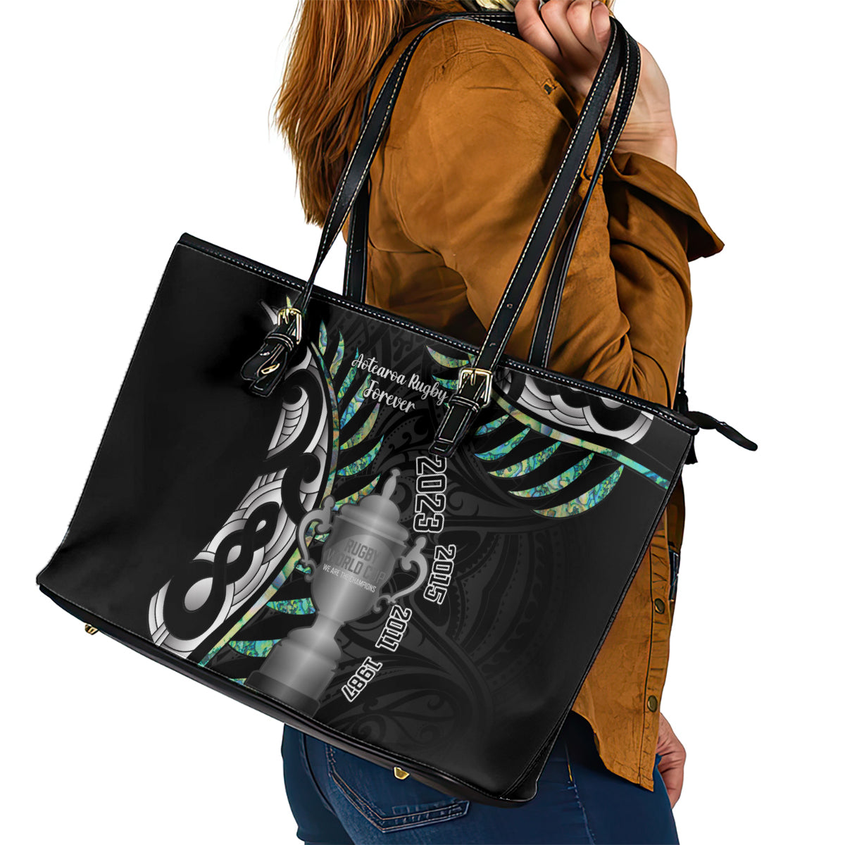Personalised New Zealand Silver Fern Rugby Leather Tote Bag Paua Shell With Champions Trophy History NZ Forever LT14