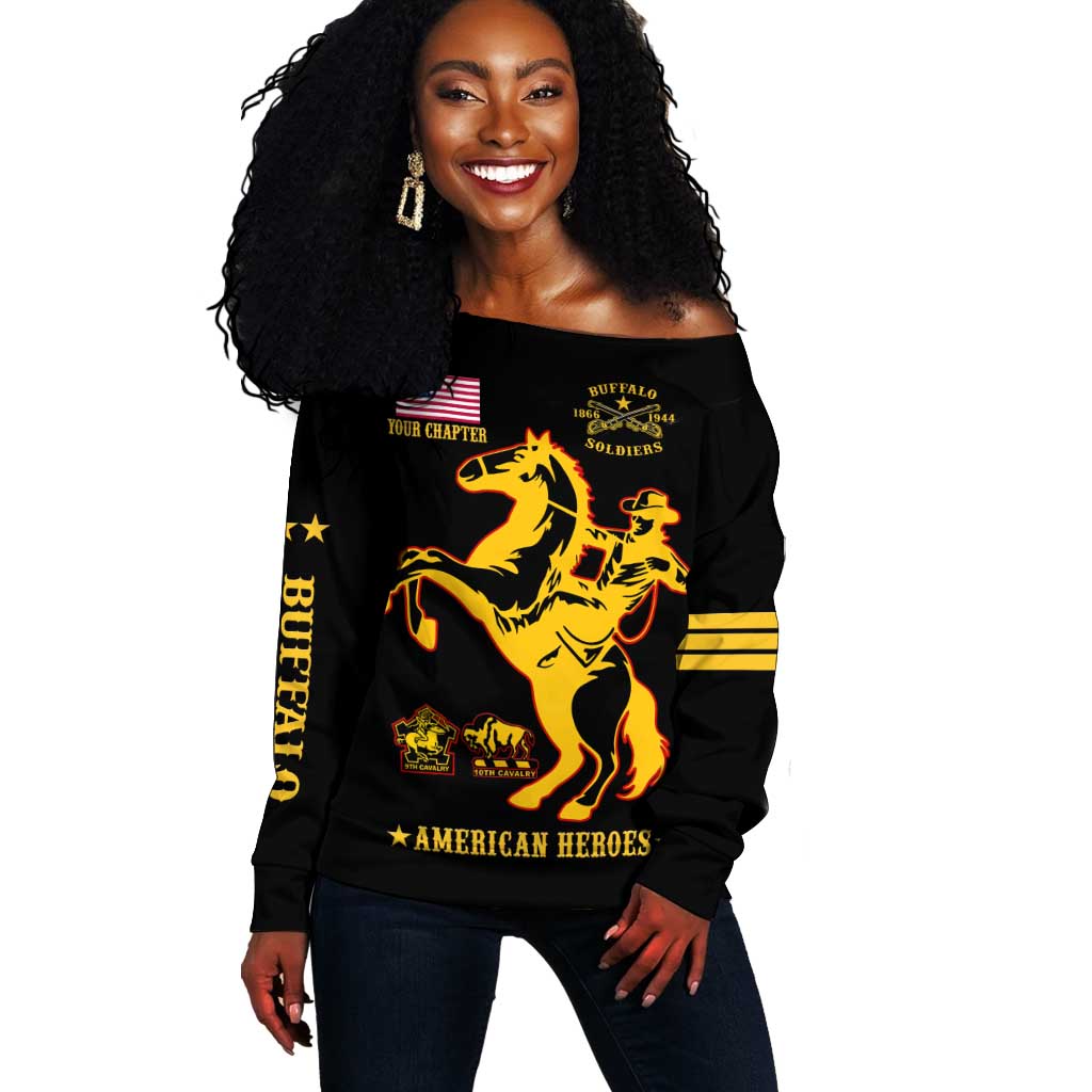 Personalized Afro Buffalo Soldiers Off Shoulder Sweater BSMC United States Army Black LT14