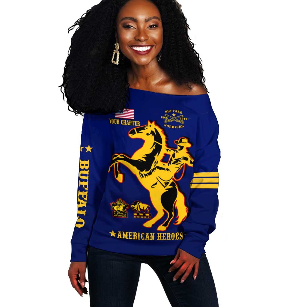 Personalized Afro Buffalo Soldiers Off Shoulder Sweater BSMC United States Army Blue LT14