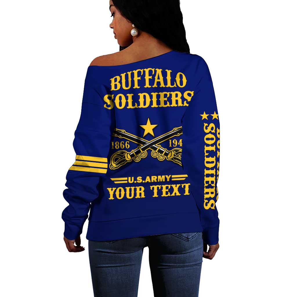 Personalized Afro Buffalo Soldiers Off Shoulder Sweater BSMC United States Army Blue LT14