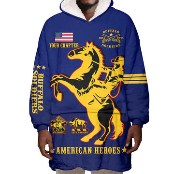 Personalized Afro Buffalo Soldiers Wearable Blanket Hoodie BSMC United States Army Blue LT14