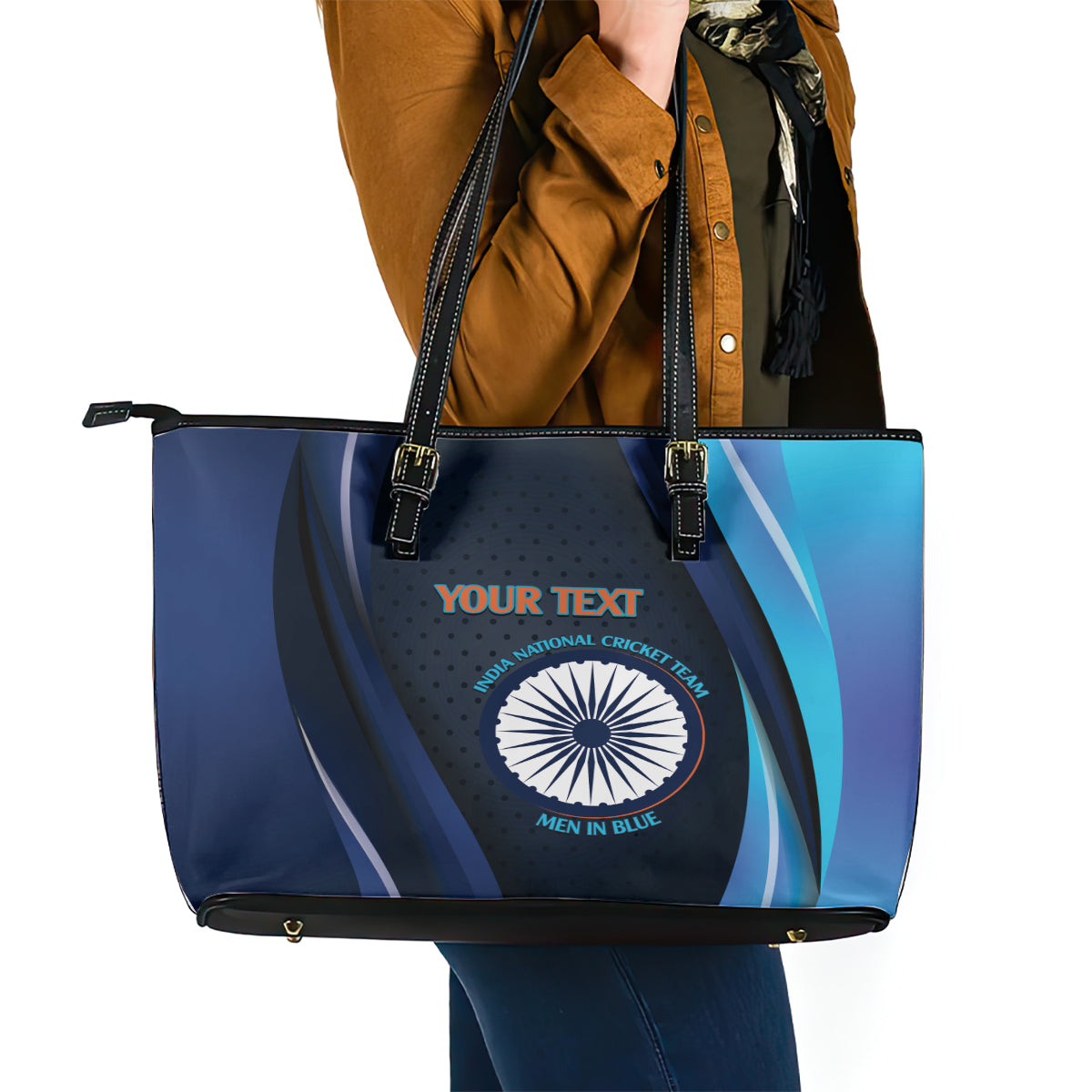 Custom India Cricket Leather Tote Bag 2024 World Cup Go Men in Blue LT14