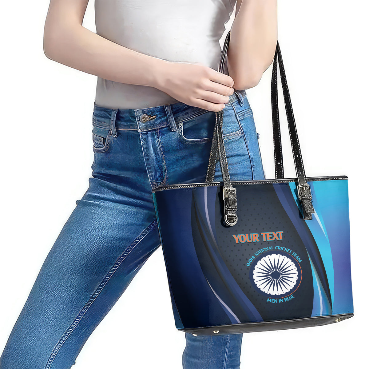 Custom India Cricket Leather Tote Bag 2024 World Cup Go Men in Blue LT14