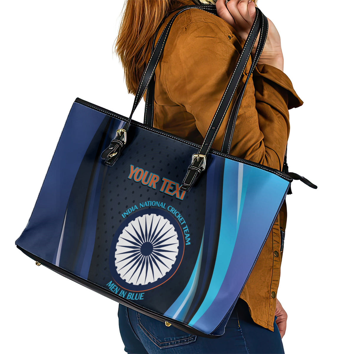 Custom India Cricket Leather Tote Bag 2024 World Cup Go Men in Blue LT14