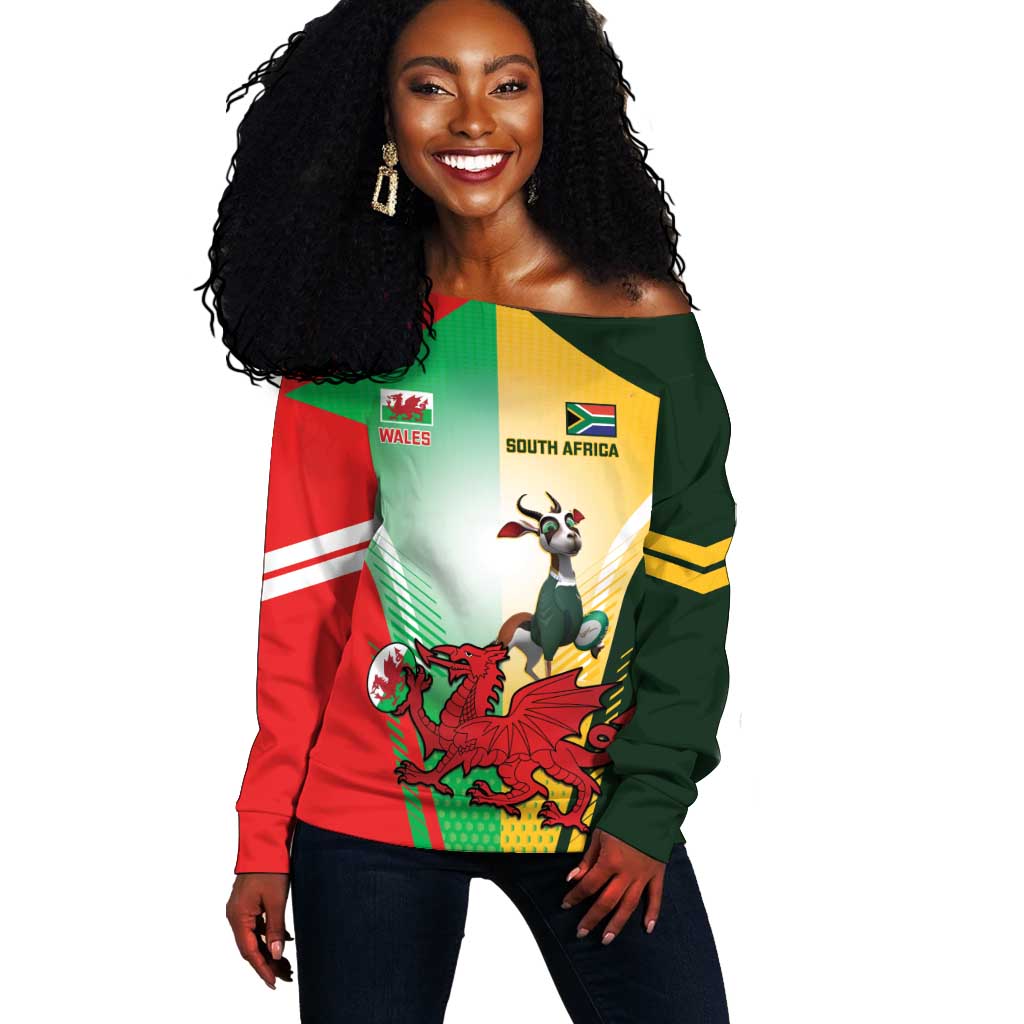 Custom South Africa And Wales Rugby Off Shoulder Sweater Springboks Welsh Mascots Dynamic Version LT14
