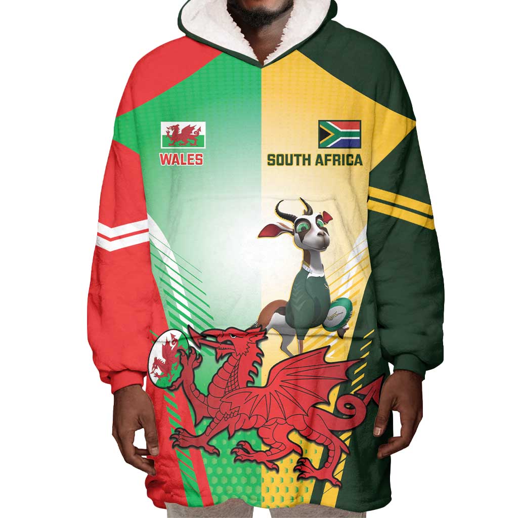 Custom South Africa And Wales Rugby Wearable Blanket Hoodie Springboks Welsh Mascots Dynamic Version LT14