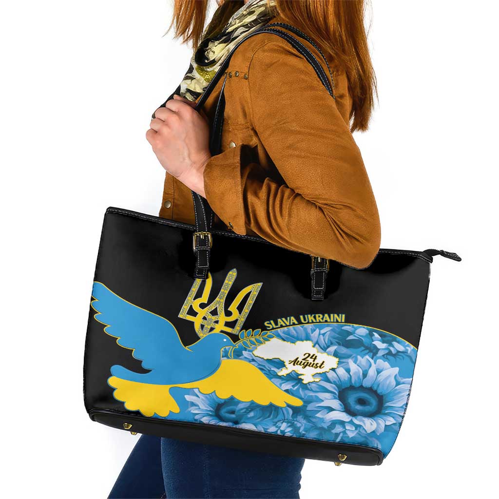 Ukraine Independence Day Leather Tote Bag Slava Ukraini Ukrainian Trident With Sunflowers LT14